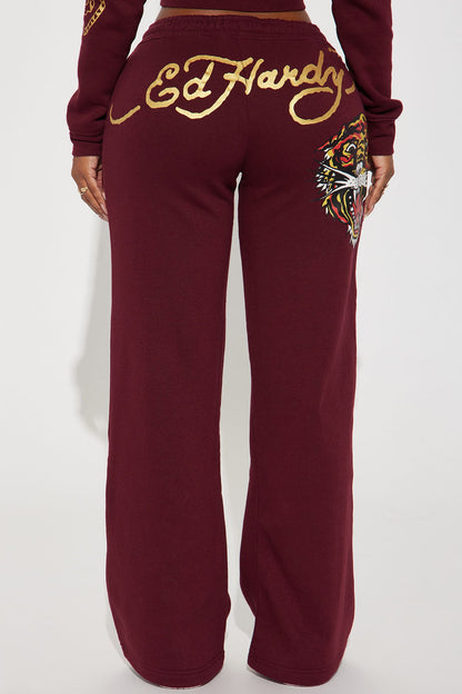 Retro Tiger Ed Hardy Wide Leg Pant - Burgundy