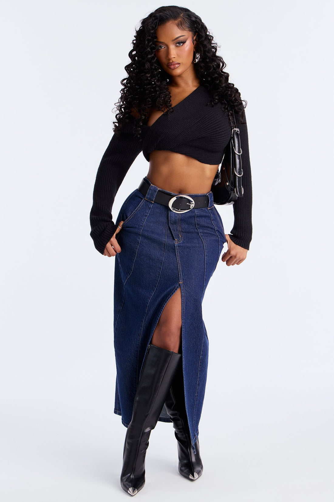 Penny Front Slit Denim Maxi Skirt - Rinse Blue Wash