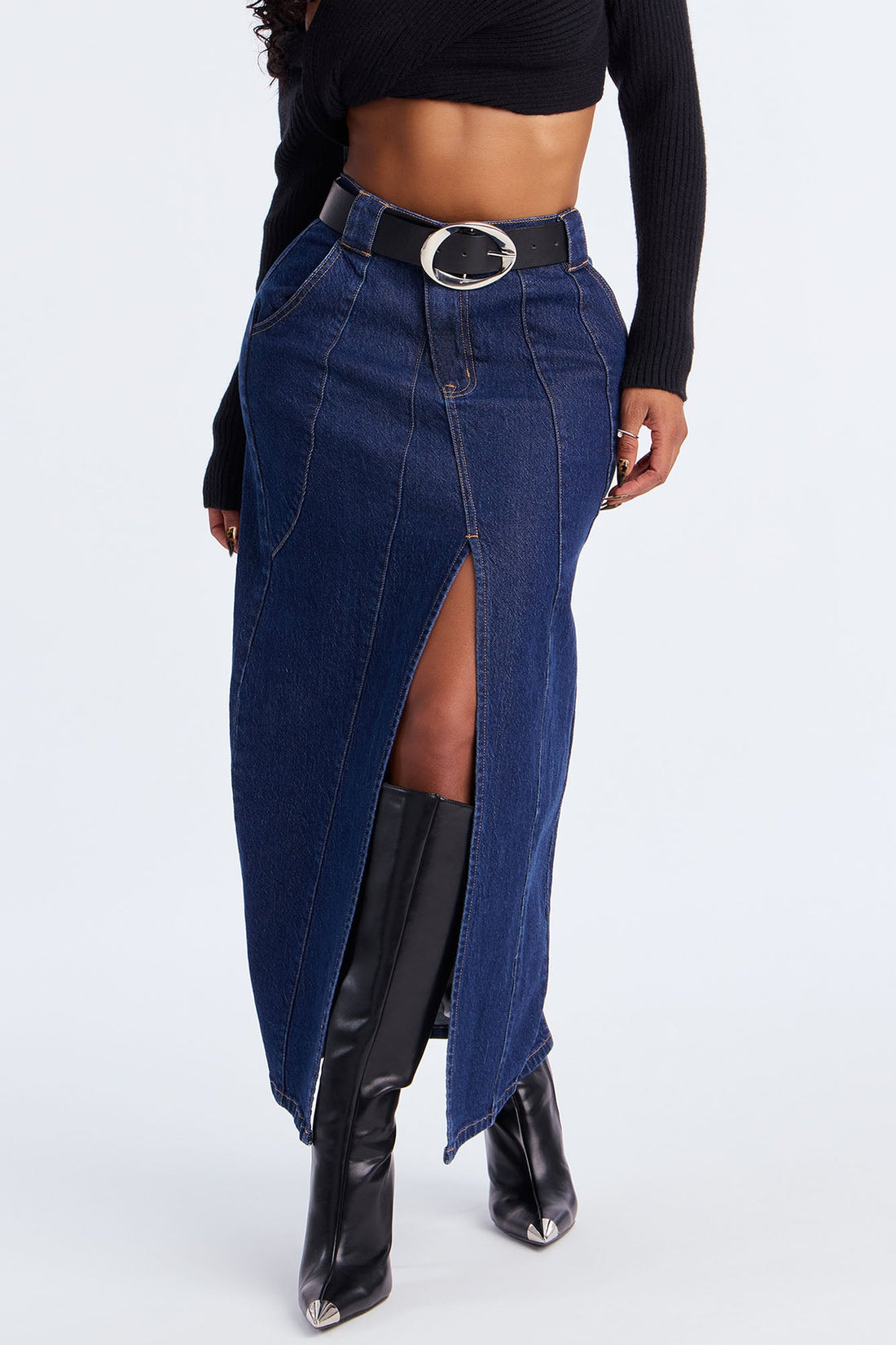 Penny Front Slit Denim Maxi Skirt - Rinse Blue Wash