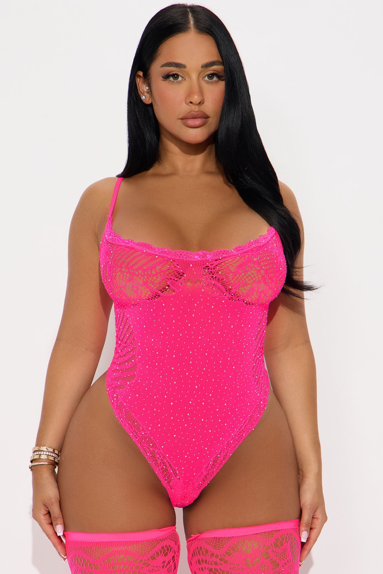 Yvette Fishnet Glitter High Cut Bodystocking - Pink