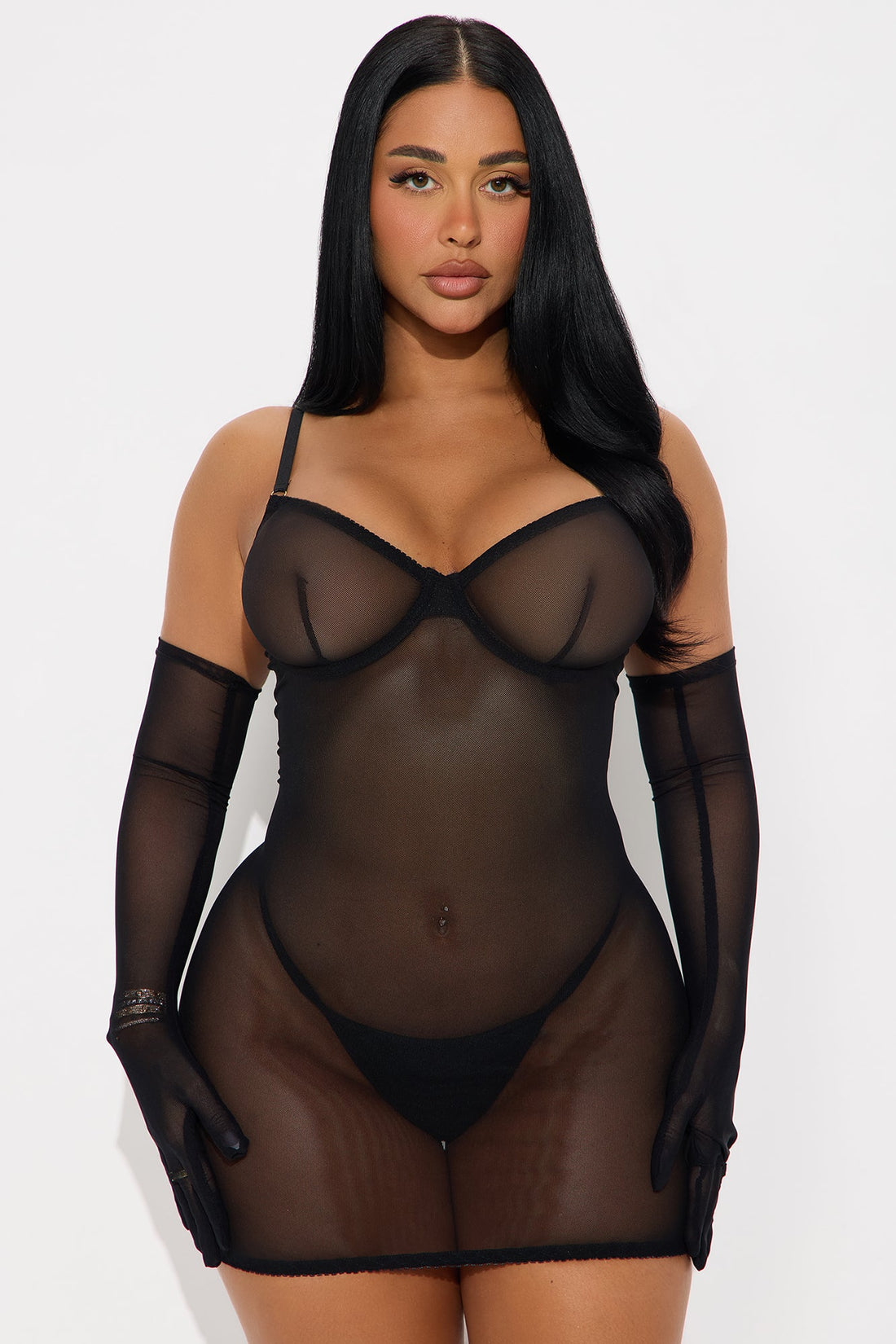 Harley Mesh Chemise Dress With Gloves - Black