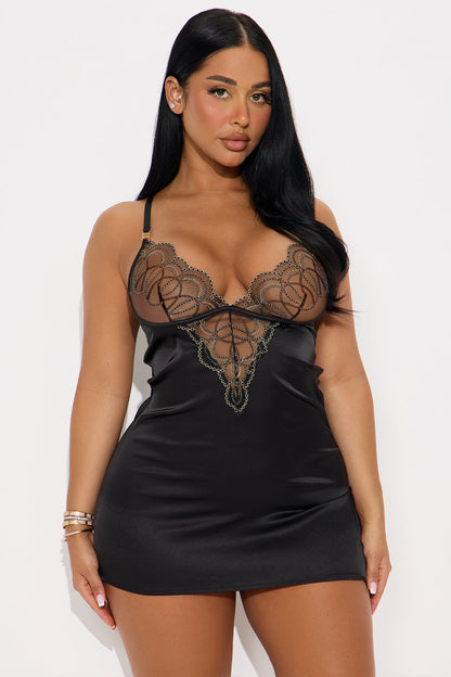 Peek A Lace Satin Embroidered Lace Babydoll - Gold/Black