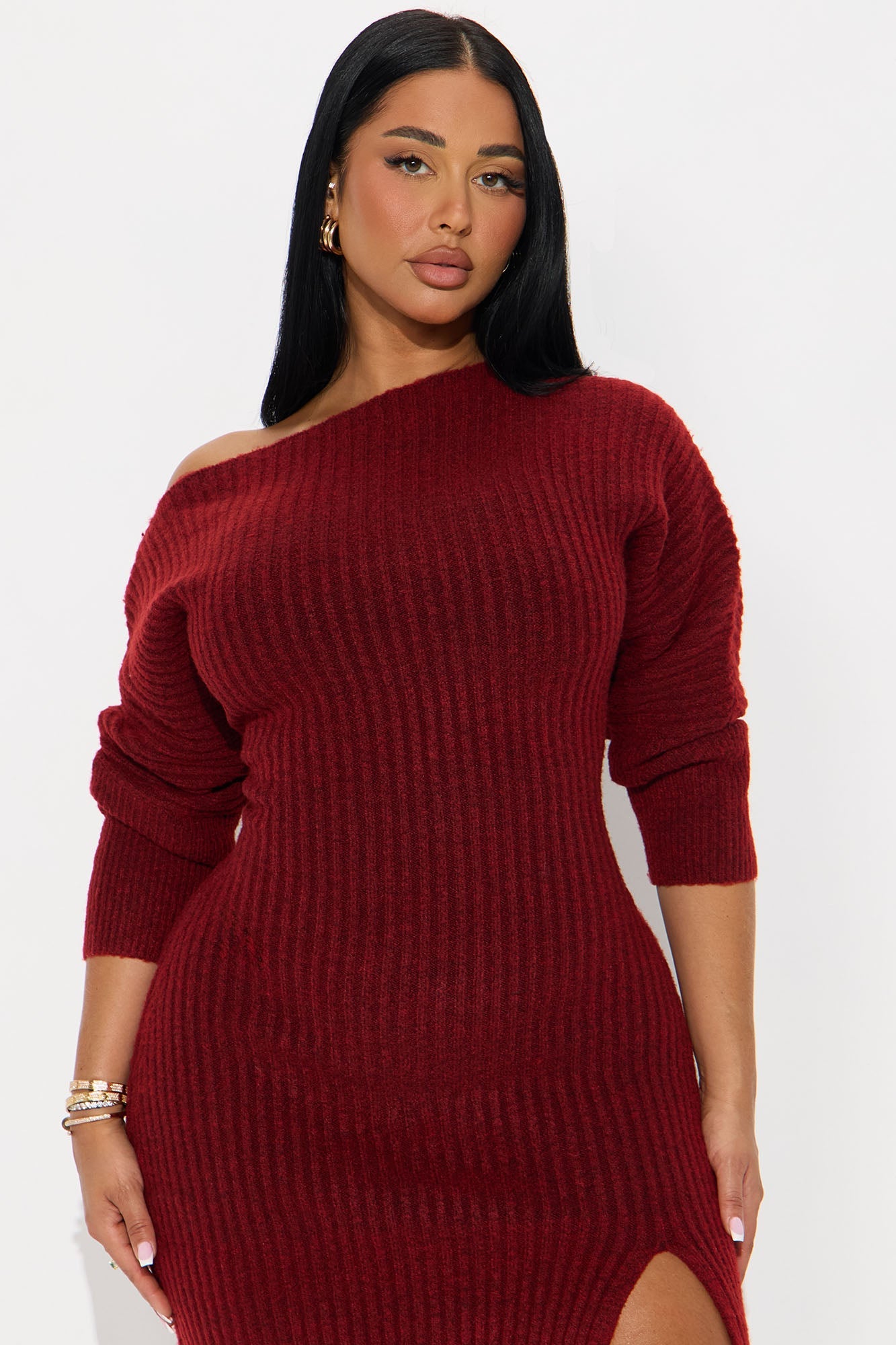 Autumn Leaves One Shoulder Sweater Midi Dress - Burgundy