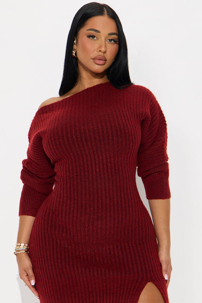 Autumn Leaves One Shoulder Sweater Midi Dress - Burgundy