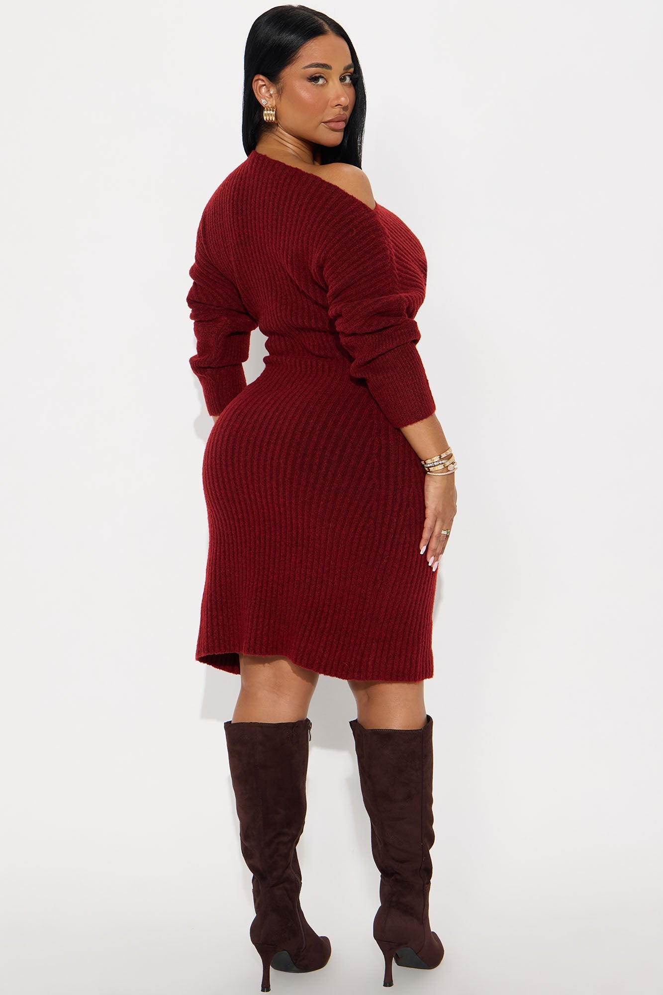 Autumn Leaves One Shoulder Sweater Midi Dress - Burgundy
