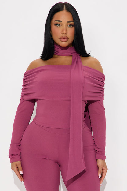 Ella Scarf Off Shoulder 3 Piece Pant Set - Magenta