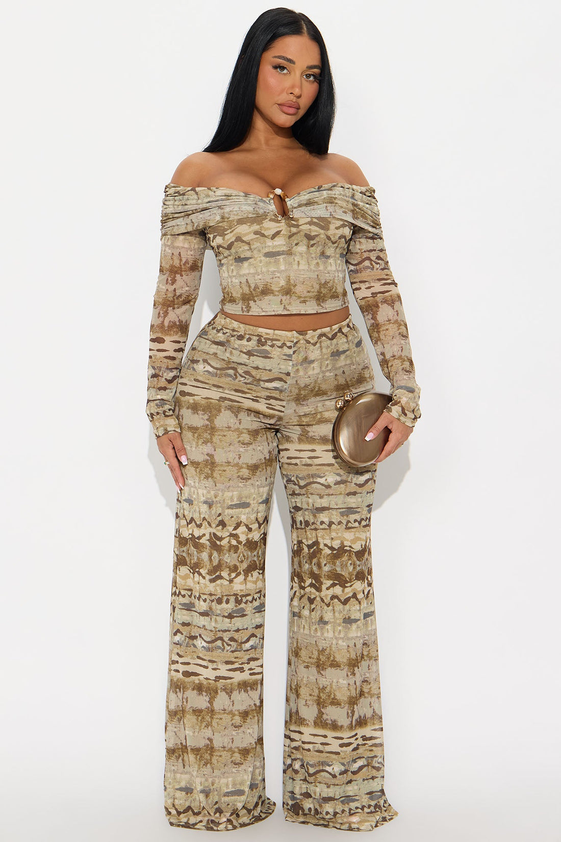 Jess Off Shoulder Pant Set - Olive/combo