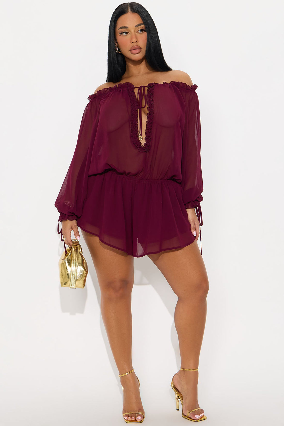 Queen of Hearts Chiffon Long Sleeve Romper - Wine