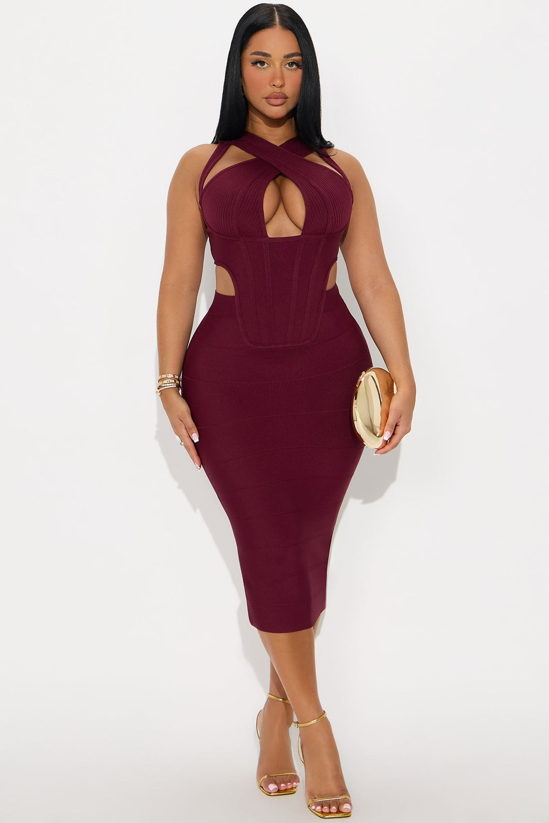 Center Of Attention Cut Out Bandage Midi Dress - Burgundy