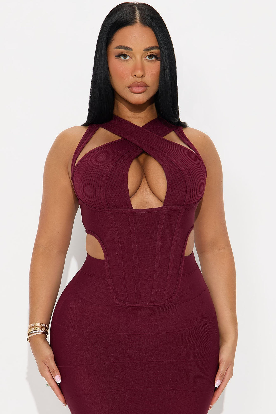Center Of Attention Cut Out Bandage Midi Dress - Burgundy
