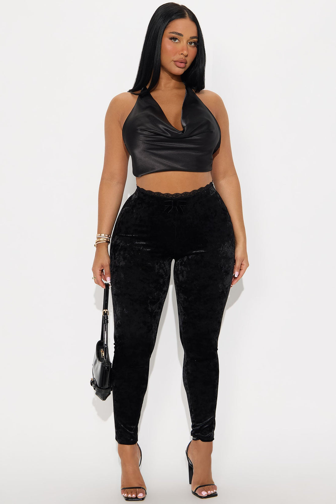 Valentina Solid Lace Trim Hammered Velvet Legging - Black