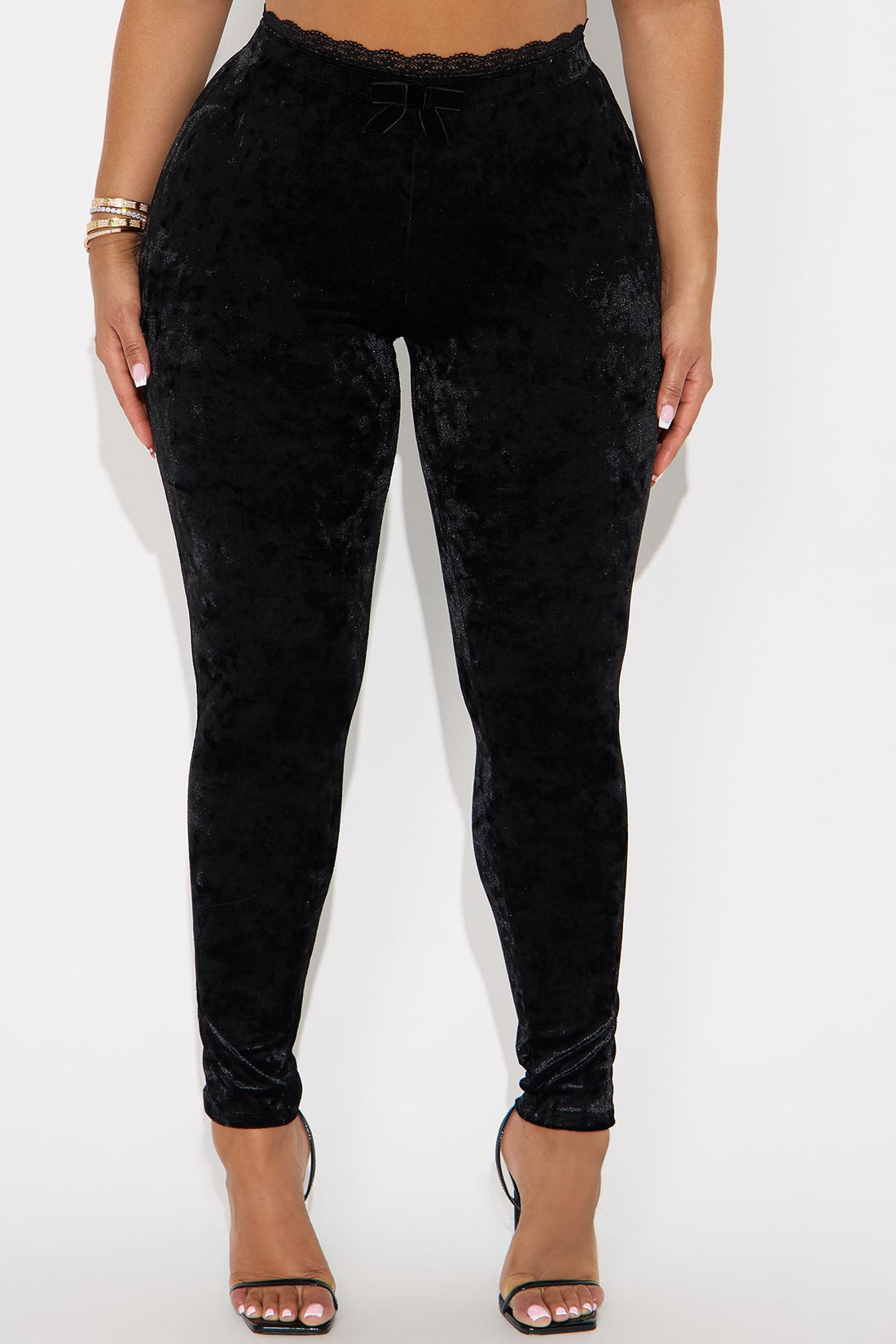Valentina Solid Lace Trim Hammered Velvet Legging - Black