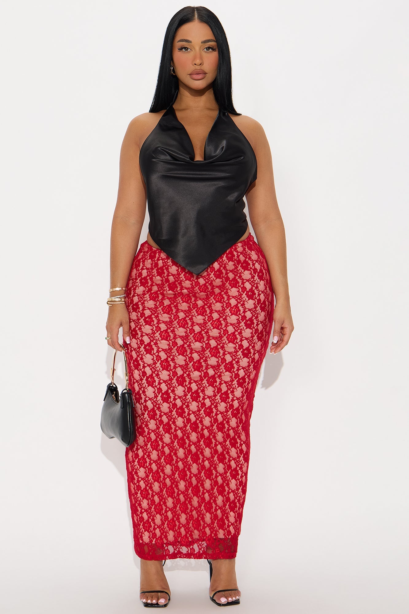 Victoria High Rise Lace Bodycon Maxi Skirt - Red