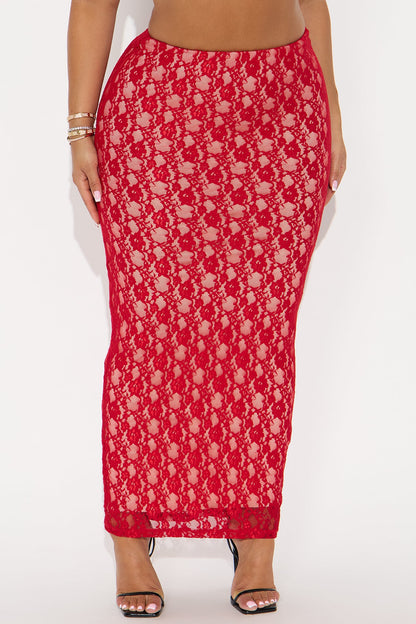 Victoria High Rise Lace Bodycon Maxi Skirt - Red