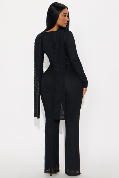 Night Moves Mesh Scarf Jumpsuit - Black