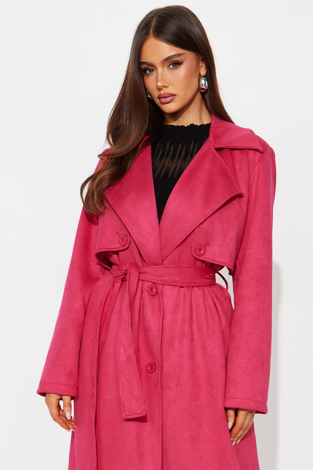 Topic of Conversation Faux Suede Trench Coat - Fuchsia