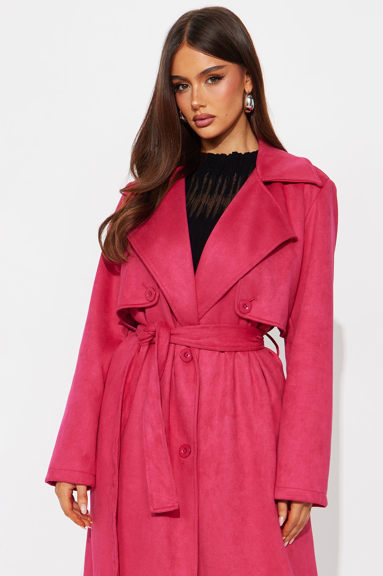 Topic of Conversation Faux Suede Trench Coat - Fuchsia