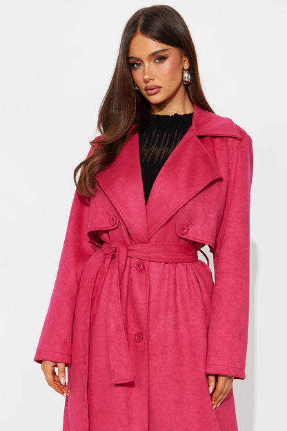 Topic of Conversation Faux Suede Trench Coat - Fuchsia