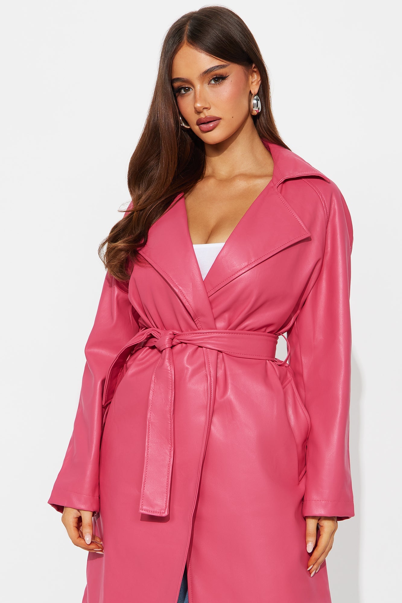Carrie Faux Leather Trench Coat - Hot Pink