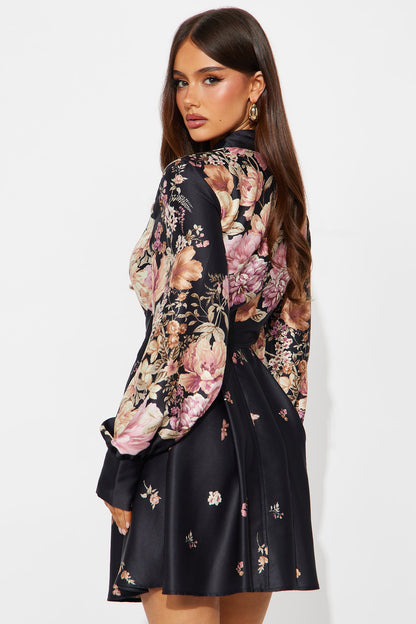 Maribelle Floral Satin Mini Dress - Black/combo