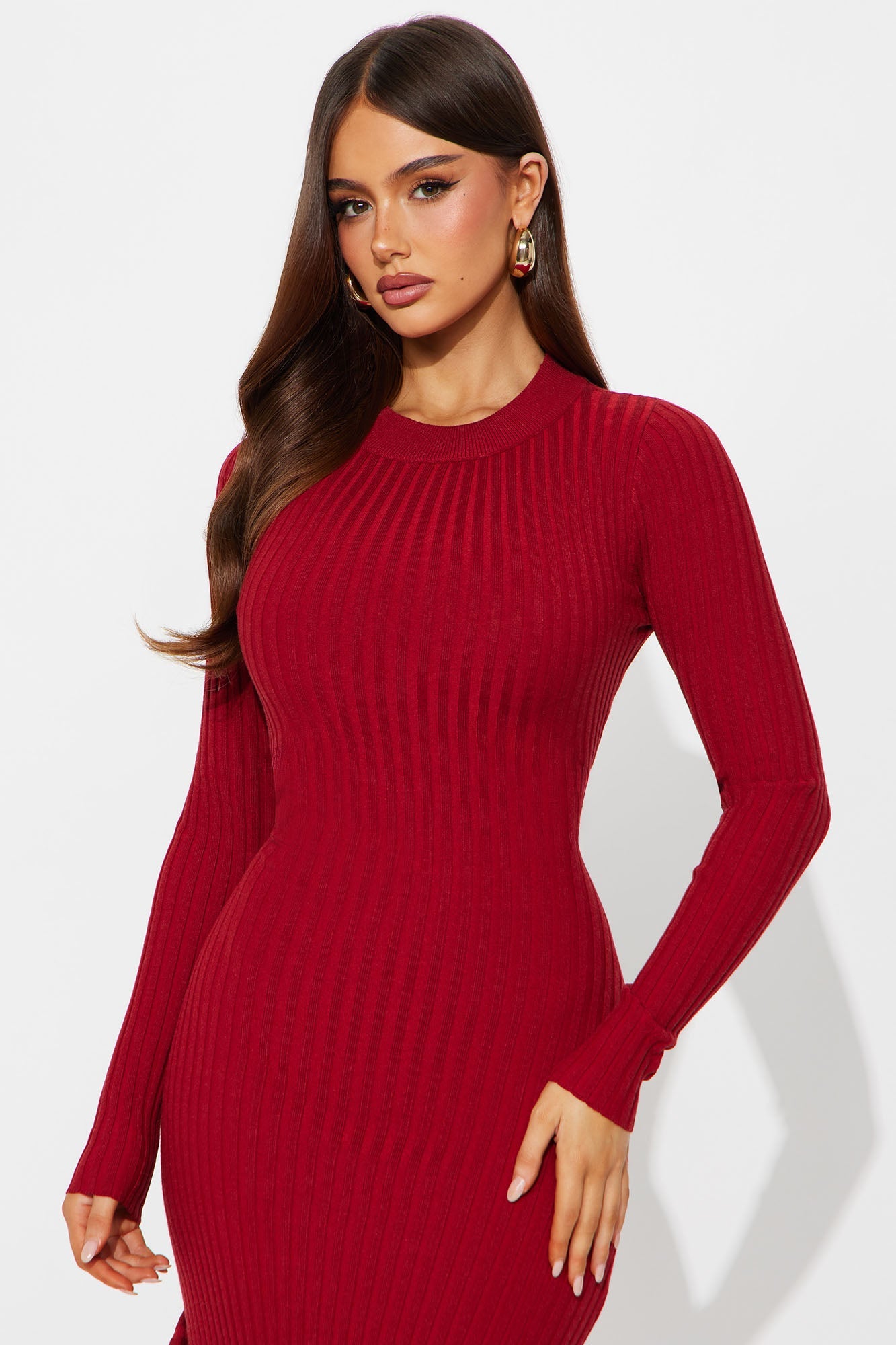 Rare Catch Long Sleeve Ribbed Midi Dress - Wine