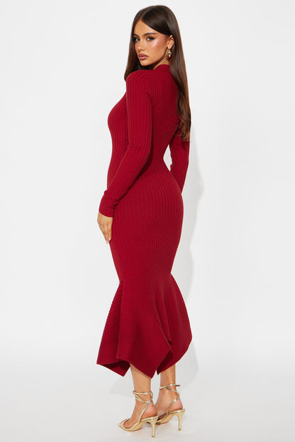 Rare Catch Long Sleeve Ribbed Midi Dress - Wine