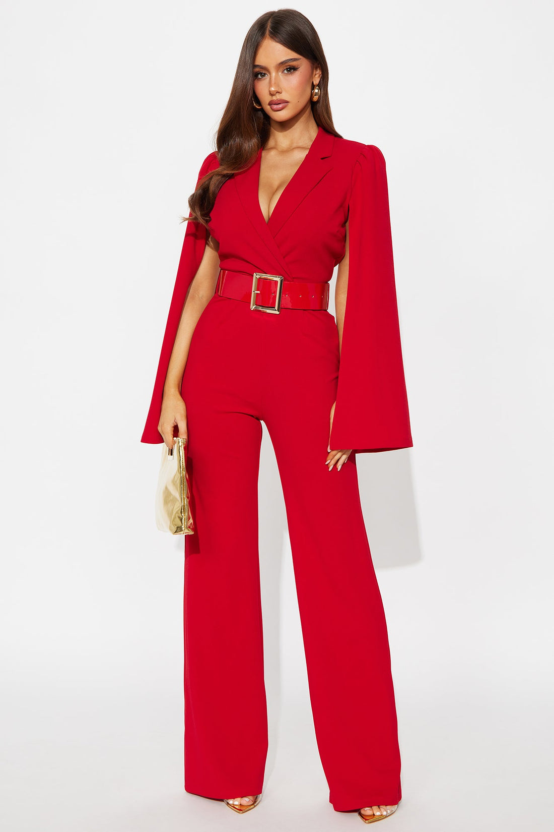 Ceo Vibes Cape Sleeve Belted Jumpsuit - Red