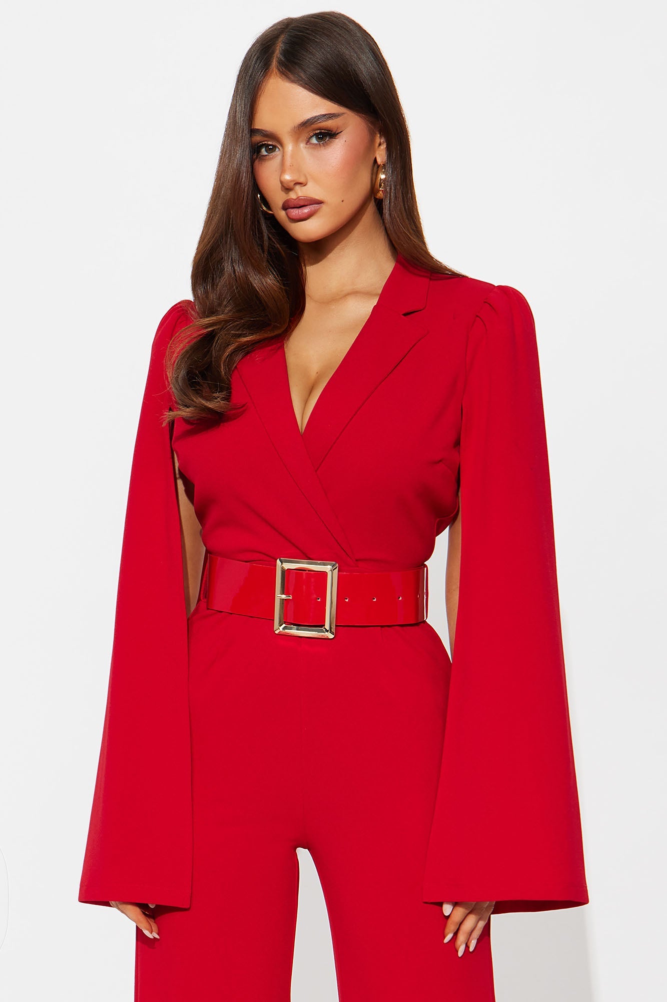 Ceo Vibes Cape Sleeve Belted Jumpsuit - Red