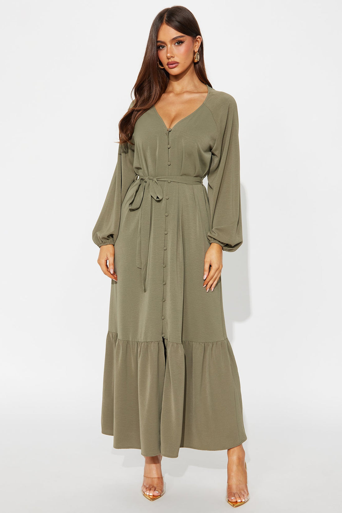 Swaying Long Sleeve Maxi Dress - Olive