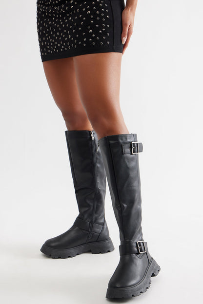 Kyoto Buckle Knee High Boots - Black