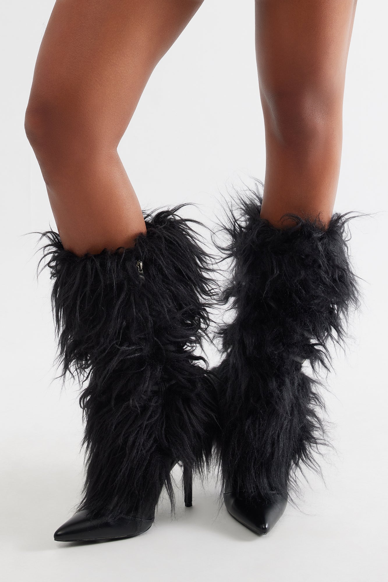 Lambo Faux Fur Knee High Boots - Black