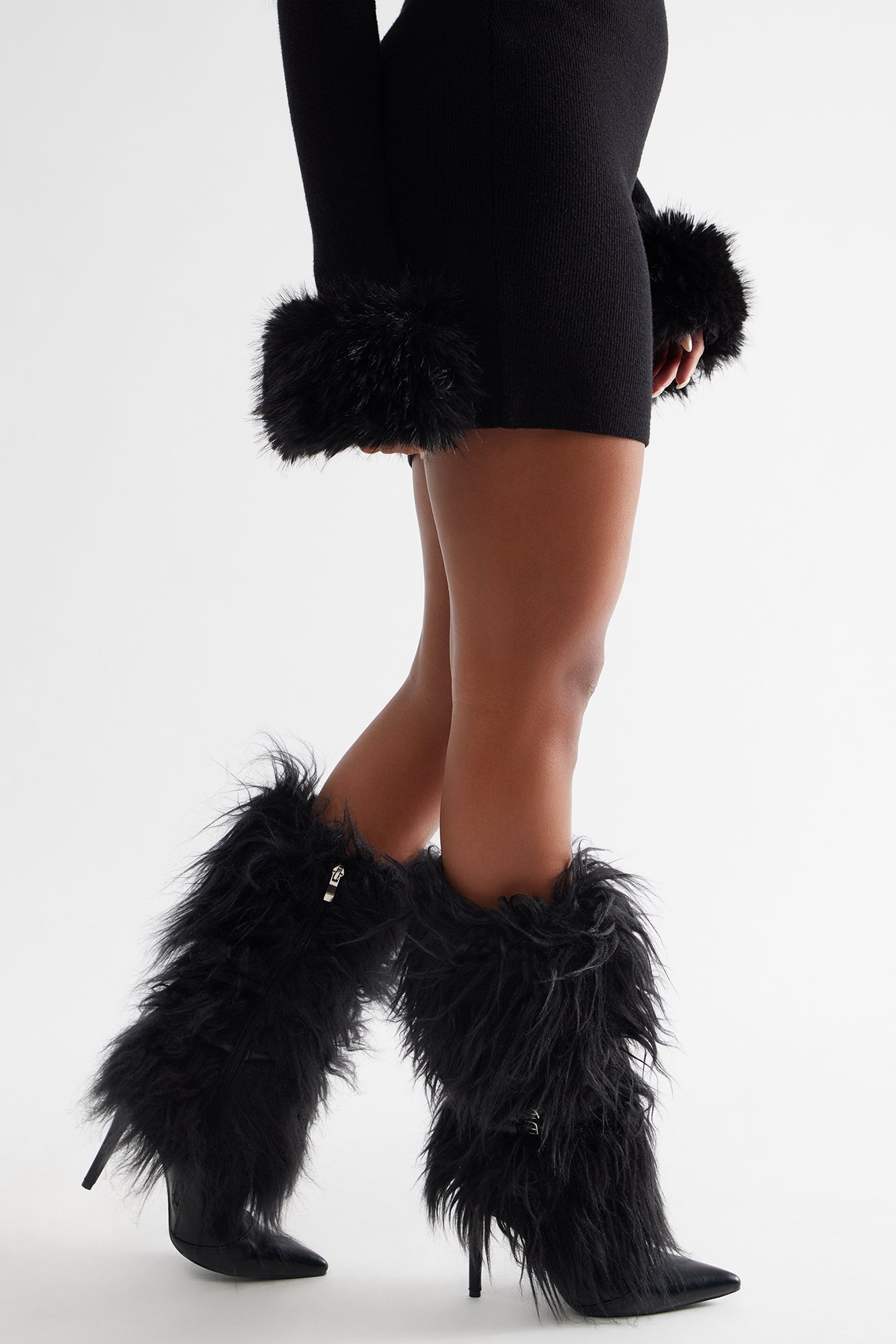 Lambo Faux Fur Knee High Boots - Black