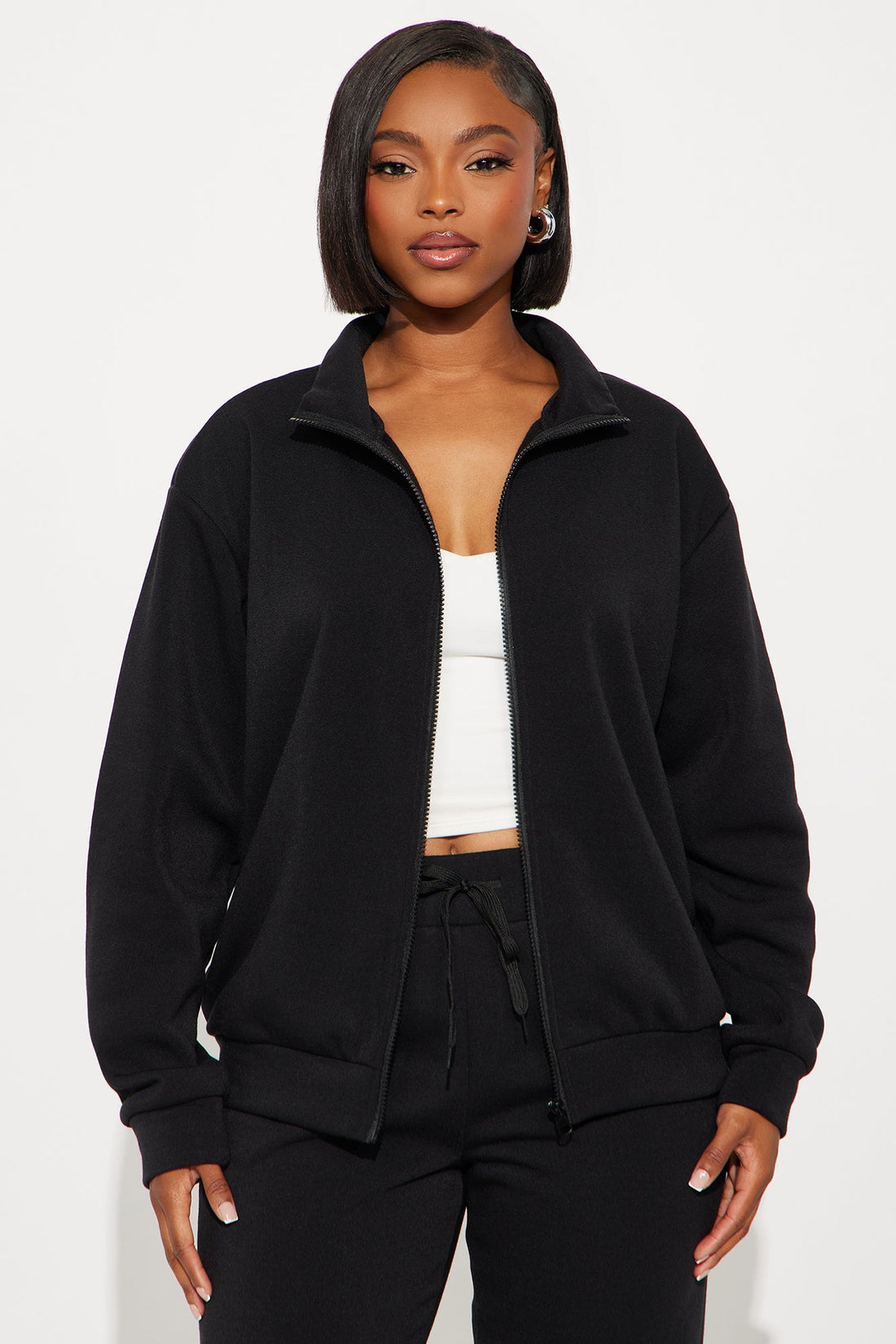 Demi Zip Up Fleece Pant Set - Black