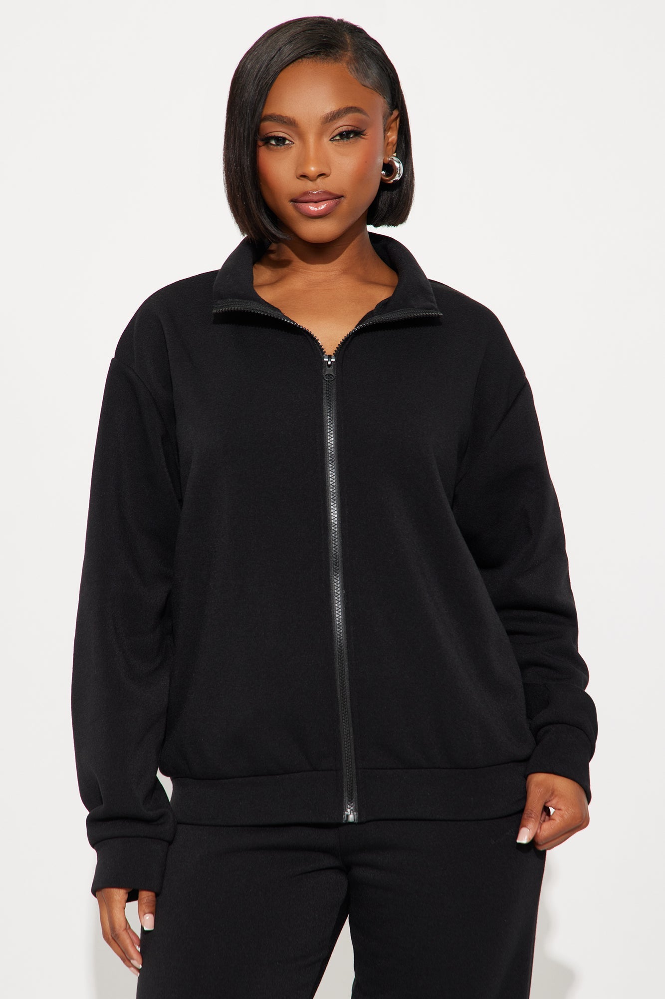 Demi Zip Up Fleece Pant Set - Black