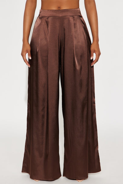 First Class Wide Leg Satin Pant 32″ - Chocolate