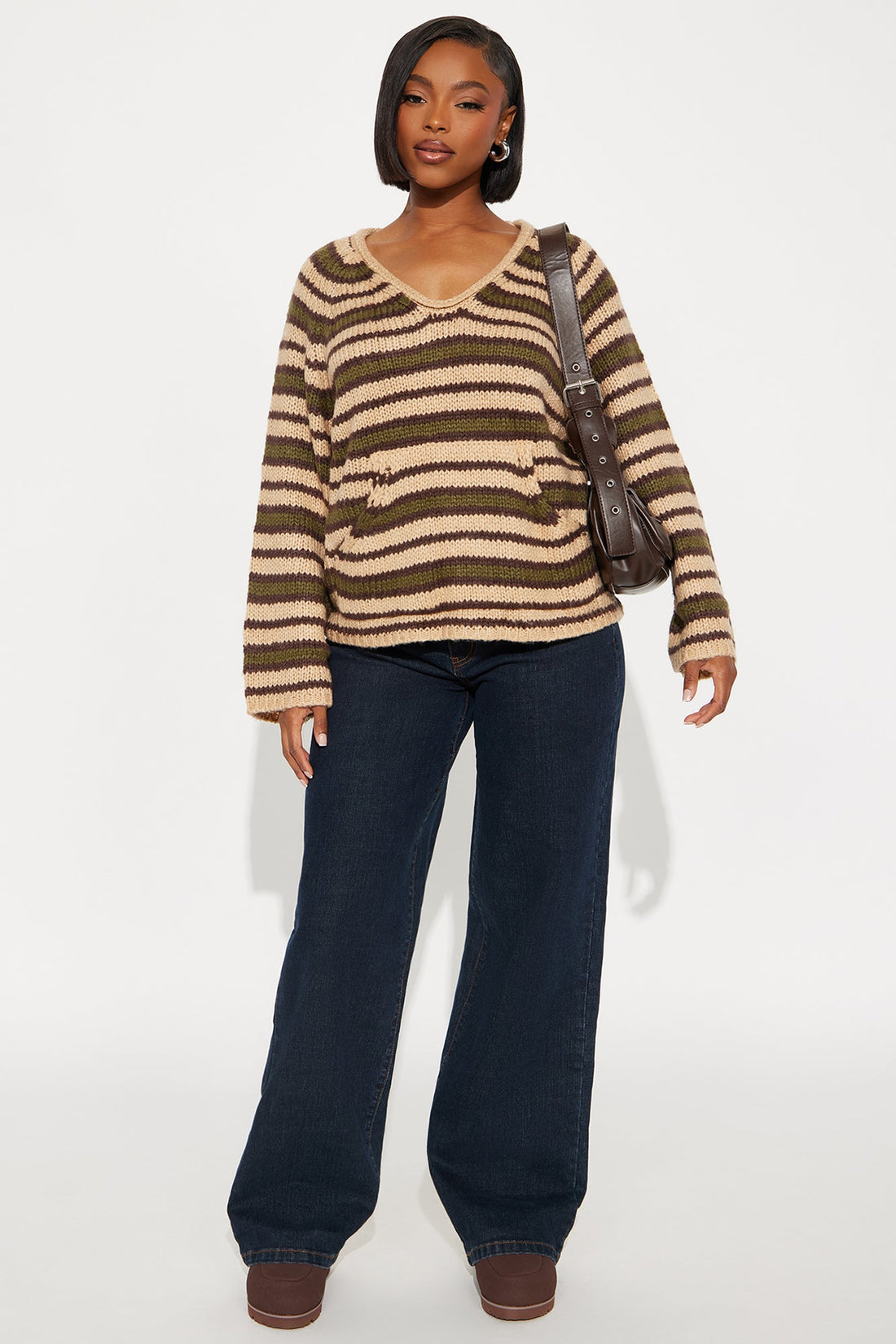 Minding My Own Striped Sweater - Taupe/combo
