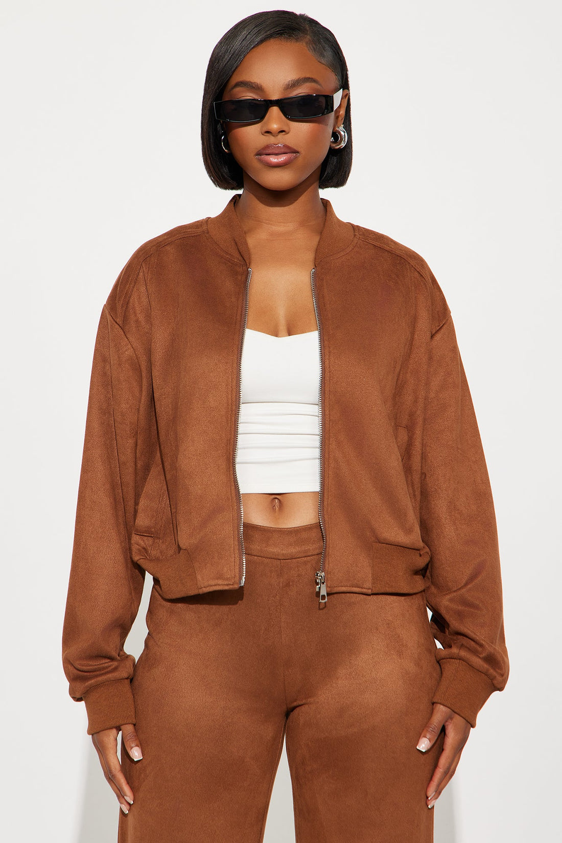 Marley Faux Suede Wide Leg Pant Set - Brown