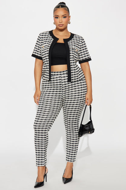 Delanie Short Sleeve Knit Tweed Pant Set - Black/White
