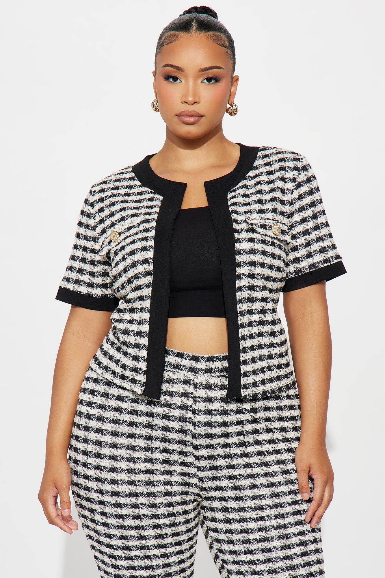 Delanie Short Sleeve Knit Tweed Pant Set - Black/White