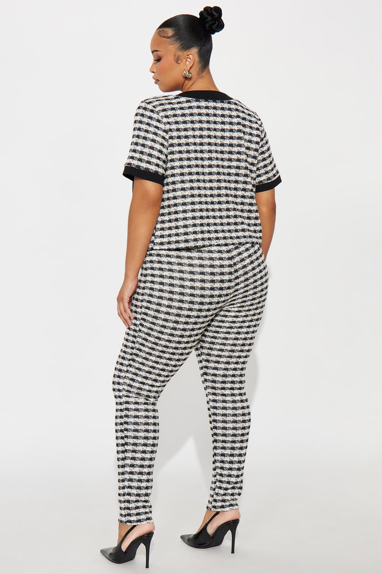 Delanie Short Sleeve Knit Tweed Pant Set - Black/White