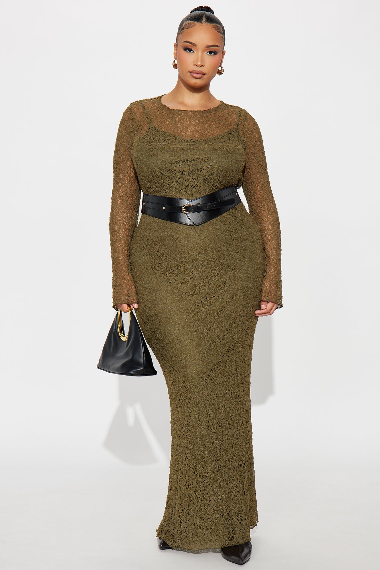 Tindra Belted Lace Maxi Dress - Olive