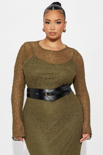 Tindra Belted Lace Maxi Dress - Olive