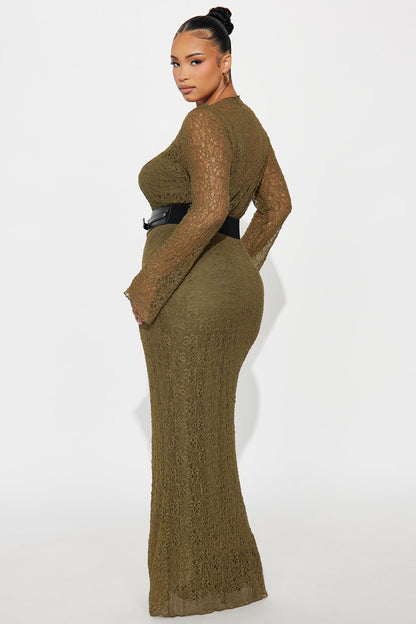 Tindra Belted Lace Maxi Dress - Olive