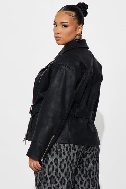 Kenny Washed Faux Leather Moto Jacket - Black