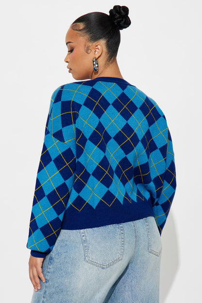 One Step Closer Argyle Cardigan - Blue/combo