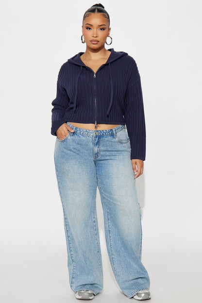 The Comfy Hooded Zip Front Sweater - Navy