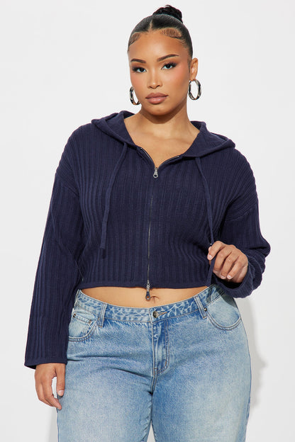 The Comfy Hooded Zip Front Sweater - Navy