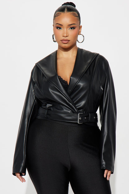 Rebel Hooded Faux Leather Moto Jacket - Black