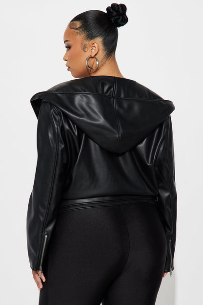 Rebel Hooded Faux Leather Moto Jacket - Black