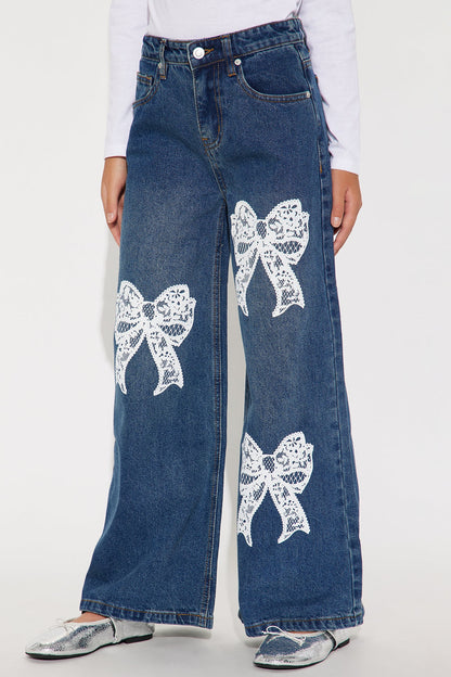 Mini Beautiful Bows Wide Leg Jeans - Dark Wash
